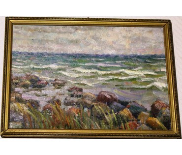 Красневский И. "Прибой", 1958г. Картон, масло. Размер 30х41,5 см. № 29 (артикул №29) - фото №2