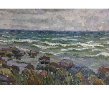 Красневский И. "Прибой", 1958г. Картон, масло. Размер 30х41,5 см. № 29 (артикул №29) - фото №5