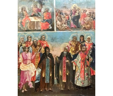 Трёхчастник. XVIII век. Свя́то-Успе́нская Ки́ево-Пече́рская ла́вра.Троица; Всех Скорбящих Радость; Избранные Святые. Размеры 13,4/9,8 см (артикул №1819) - фото №2