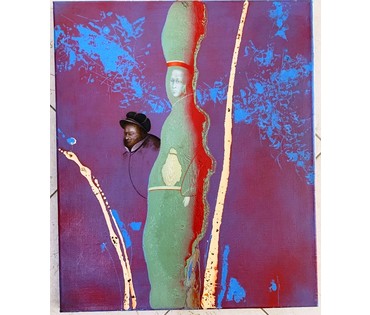 Селещук Н.М. "Пейзаж с портретом", 1990 г. Холст, масло. Размер с рамой 61,5х70 см. (артикул № 1820) - фото №2