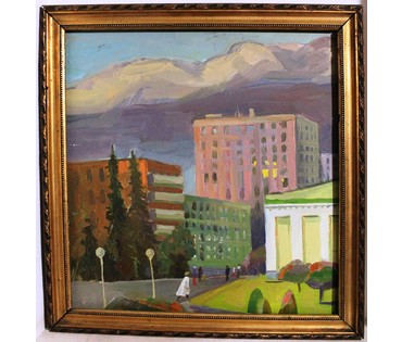 Картина "Городской пейзаж".ДВП, масло. Подпись (Школа Сарьяна) Размер 40х43 см. (артикул №36) - фото №1