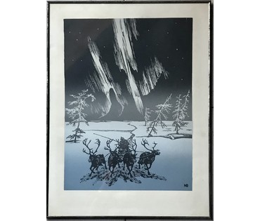Мешков В.И. - Народный художник РСФСР. Линогравюра "Ночной рейс", 1973 год; 49,4/37, 2 см с рамой (артикул №1808) - фото №1