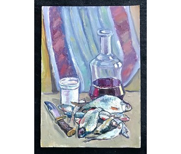 Звонков Иван Григорьевич. "Натюрморт с рыбками". Картон, масло. Размер 35/50 см (артикул №1876) - фото №1
