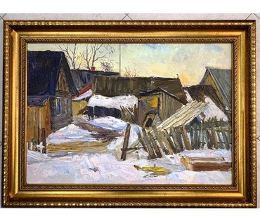 Довгялло М.Х (1908-1978) "Зима в деревне" 1957г. Картон,масло. Размер 69,5х48 см. (артикул № 1971) - фото №1