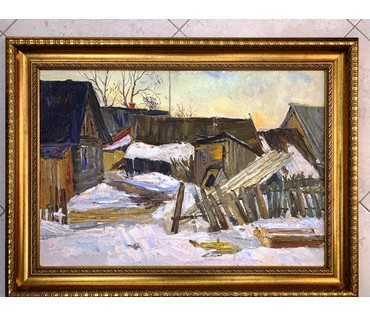 Довгялло М.Х (1908-1978) "Зима в деревне" 1957г. Картон,масло. Размер 69,5х48 см. (артикул № 1971) - фото №2