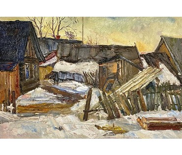 Довгялло М.Х (1908-1978) "Зима в деревне" 1957г. Картон,масло. Размер 69,5х48 см. (артикул № 1971) - фото №4