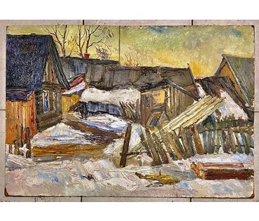 Довгялло М.Х (1908-1978) "Зима в деревне" 1957г. Картон,масло. Размер 69,5х48 см. (артикул № 1971) - фото №3