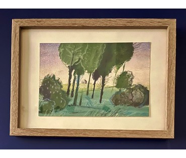 Селещук Н.М. "Пейзаж на фоне дома". Акварель. 1977 год. Размер 32х23 см., с рамкой. (артикул № 2012) - фото №4