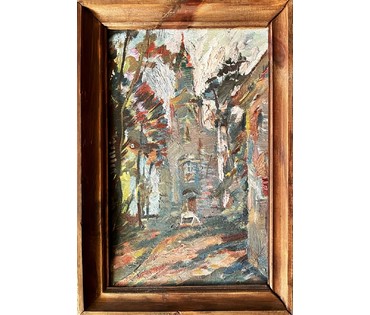Дягилева-Беляева Ксения "Храм у Жыровічах", 1991г. Картон,масло. Размер 42х29 см. с рамой. № 2278 (артикул №2278) - фото №2