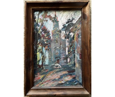 Дягилева-Беляева Ксения "Храм у Жыровічах", 1991г. Картон,масло. Размер 42х29 см. с рамой. № 2278 (артикул №2278) - фото №1