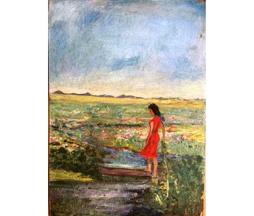 Гавриленко П.Н "Девушка в красном", 1959г. Картон, масло. Размер без рамы 69.5х50 см. № 2395 (артикул №2395) - фото №2