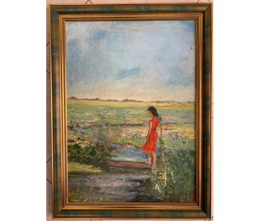 Гавриленко П.Н "Девушка в красном", 1959г. Картон, масло. Размер без рамы 69.5х50 см. № 2395 (артикул №2395) - фото №1