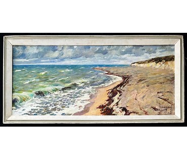 Белоусов В.П. "Пляж в Евпатории", 1973г. Холст, масло. Размер 41х94 см.№ 2490 (артикул №2490) - фото №1