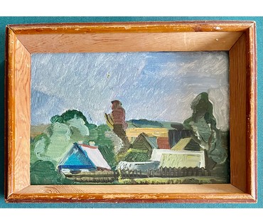 Юзвук В.С."Деревушка", 1984г. Картон, масло, 1984г. Размер 17х24 см. № 2629 (артикул №2629) - фото №2