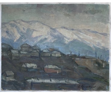 Красовский Е.Е "Горный посёлок", 1978г. Картон, масло. Размер 40х50 см. № 2673 (артикул №2673) - фото №5
