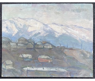 Красовский Е.Е "Горный посёлок", 1978г. Картон, масло. Размер 40х50 см. № 2673 (артикул №2673) - фото №9