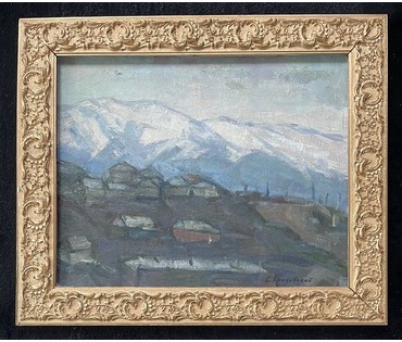 Красовский Е.Е "Горный посёлок", 1978г. Картон, масло. Размер 40х50 см. № 2673 (артикул №2673) - фото №2