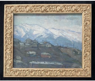Красовский Е.Е "Горный посёлок", 1978г. Картон, масло. Размер 40х50 см. № 2673 (артикул №2673) - фото №3