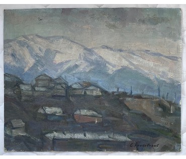 Красовский Е.Е "Горный посёлок", 1978г. Картон, масло. Размер 40х50 см. № 2673 (артикул №2673) - фото №4