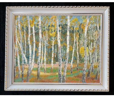 Ландарский Р.Е "Осень в берёзовой роще", 1987г. Холст, масло на ДВП. Размер 49,5х62 см. № 2690 (артикул №2690) - фото №1