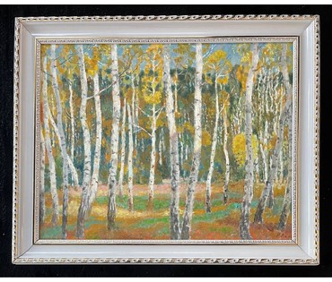 Ландарский Р.Е "Осень в берёзовой роще", 1987г. Холст, масло на ДВП. Размер 49,5х62 см. № 2690 (артикул №2690) - фото №2