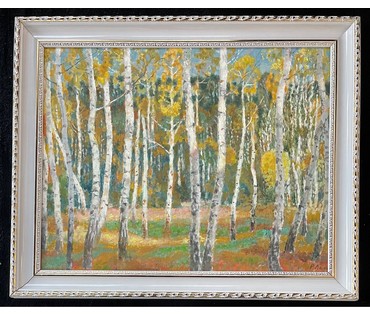 Ландарский Р.Е "Осень в берёзовой роще", 1987г. Холст, масло на ДВП. Размер 49,5х62 см. № 2690 (артикул №2690) - фото №3
