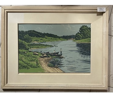 Витковский Г.А. Каталожная работа. "На Нёмане", 1987г. Линогравюра. Размер с рамой и паспарту 65,5х50 см. № 2774 (артикул №2774) - фото №1