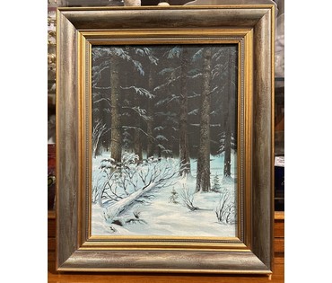 Риморович Э.Г "Зимой в лесу", 1997г. Холс, масло на картоне. Размер с рамой 43х35,5 см. № 2805 (артикул №2802) - фото №1
