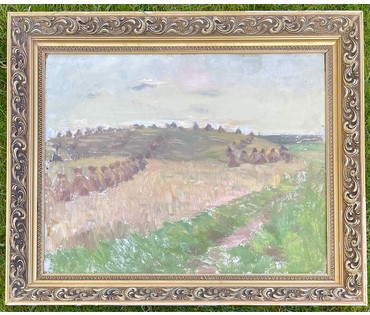 Дучиц Н.В "Поле.Снопы",1963г. Картон, масло. Размер 57х69 см. В родной раме. № 2822 (артикул №2822) - фото №3