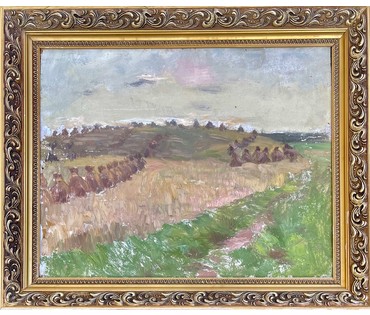 Дучиц Н.В "Поле.Снопы",1963г. Картон, масло. Размер 57х69 см. В родной раме. № 2822 (артикул №2822) - фото №1