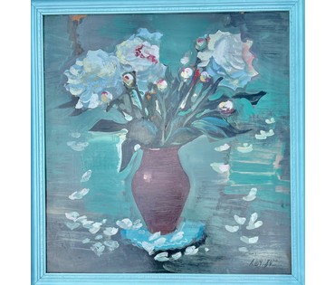 Щемелёв Л.Д. Каталожная работа "Белые пионы", 1984г. ДВП, масло. Размер 75х77 см. С рамой 81х85,5 см. № 2859 (артикул №2859) - фото №8