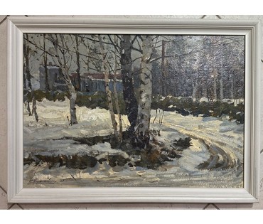 Корженевский А.С "Талый снег", 1973г. Картон, масло. Размер 35х49 см. № 3023 (артикул №3023) - фото №1
