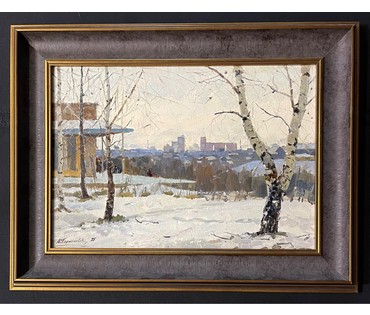 Корженевский А.С "Зимний день", 1975г. Картон, масло. Размер 35х50 см. № 3024 (артикул №3024) - фото №4