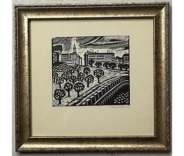 Поплавская Н.Н "Набярэжная", линогравюра. Размер с рамой 24х25 см. № 3103 (артикул №3103) - фото №1