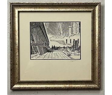 Асецкий Л.П. Каталожная работа "Каля Палаца спорту", линогравюра. Размер 24х25 см. № 3106 (артикул №3106) - фото №1