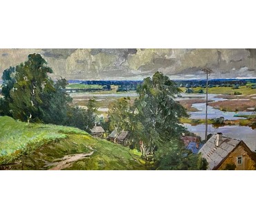 Белоусов В.П "Разлив на Сожи. Чериков", 1964г. Холст, масло. Размер 53х118 см. № 3114 (артикул №3114) - фото №3