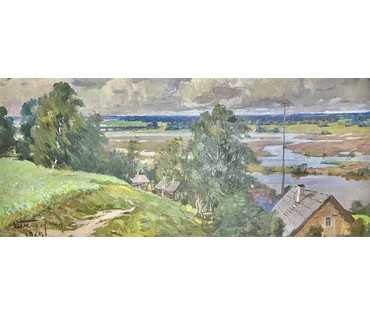 Белоусов В.П "Разлив на Сожи. Чериков", 1964г. Холст, масло. Размер 53х118 см. № 3114 (артикул №3114) - фото №5