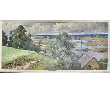 Белоусов В.П "Разлив на Сожи. Чериков", 1964г. Холст, масло. Размер 53х118 см. № 3114 (артикул №3114) - фото №4