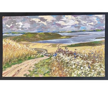 Белоусов В.П "Нарочанские хлеба", 1976г. ДВП, масло. Размер 76,5х45 см. № 3540 (артикул №3540) - фото №2