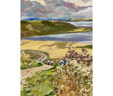 Белоусов В.П "Нарочанские хлеба", 1976г. ДВП, масло. Размер 76,5х45 см. № 3540 (артикул №3540) - фото №4