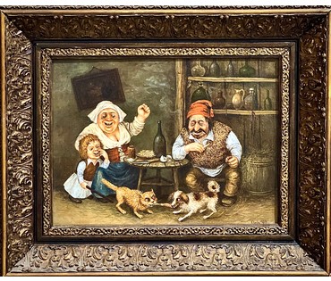 Почицкий В.В (dr. Klein). "Невинные забавы в театре простых страстей" или "Кость раздора". 1997 год. Холст, масло. Размер 47х58 см. № 3590 (артикул №3590) - фото №1