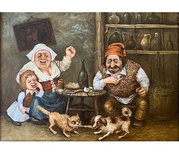 Почицкий В.В (dr. Klein). "Невинные забавы в театре простых страстей" или "Кость раздора". 1997 год. Холст, масло. Размер 47х58 см. № 3590 (артикул №3590) - фото №2