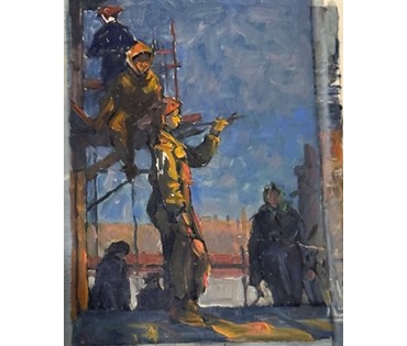 Гавриленко П.Н. Этюд к картине "На лесах", 1960 г. Картон, масло. Размер с рамой и паспарту 46,5х46,5 см. № 3697 (артикул №3697) - фото №2