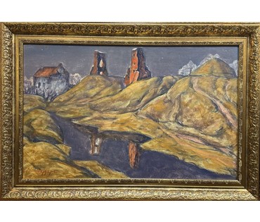 Дударенко Л.А "Отражение истории.Башни Новогрудской земли",1973г. Картон, масло. Размер с рамой 96,5х67 см. № 3731 (артикул №3731) - фото №1