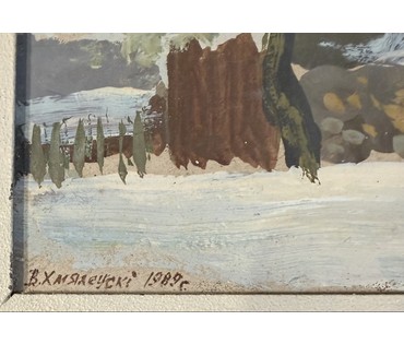 Хмелевский В.В "Морозный день", 1989г. ДВП, масло. Размер с паспарту 24х32см. № 3770 (артикул №3770) - фото №3