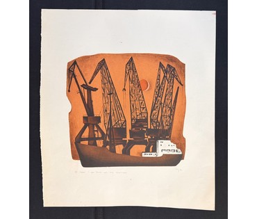 Селещук Н.М "Краны" серия "Талінскі порт", 1973г. Цветная автолитография. Размер с рамой и паспарту 60х60 см. № 3781 (артикул №3781) - фото №2