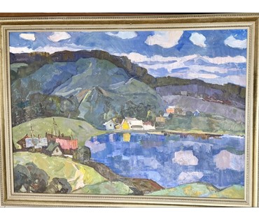 Гугель А.С "Пейзаж с озером", 1973 год. Холст, масло. Вероятно Логойщина. Размер с рамой 72,5х98,5 см. № 3846 (артикул №3846) - фото №3