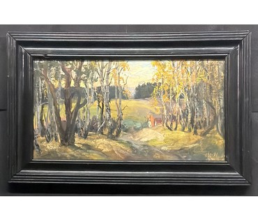Цудик Н.М "Вечар у Бараўлянах", 1991г. ДВП, масло. Размер с родной рамой 28,5х46 см. № 3877 (артикул №3877) - фото №1