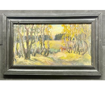 Цудик Н.М "Вечар у Бараўлянах", 1991г. ДВП, масло. Размер с родной рамой 28,5х46 см. № 3877 (артикул №3877) - фото №4