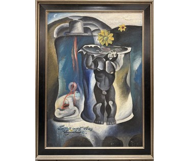Скрипниченко Г.С. Каталожная работа "Бытовой сюжет", 1965г. ДВП, масло. Размер 80х56,5 см. № 3985 (артикул №3985) - фото №1